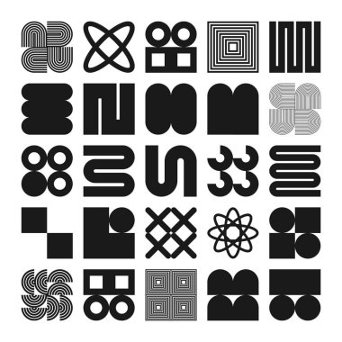 Acımasız geometrik şekiller, semboller. Basit ilkel elementler ve formlar. Bauhaus retro tasarımı, modaya uygun çağdaş minimalist tarzı. Vektör illüstrasyonu.