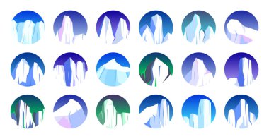 Yüzen buzdağları koleksiyonu. Sürüklenen kutup buzulu, donmuş okyanus suyu bloğu. Karlı buzlu dağlar. Eriyen buz zirvesi. Antarktika karlı manzarası. Güney ve Kuzey Kutbu. Vektör illüstrasyonu