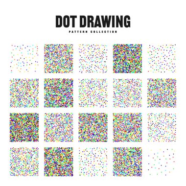 Kare şeklinde noktalı nesneler, klasik noktalı elementler. Noktalama, noktalama çizimi, noktalar kullanarak gölgeleme. Yarı ton etkisi. Renkli gürültü tanecikli doku, desen. Vektör illüstrasyonu