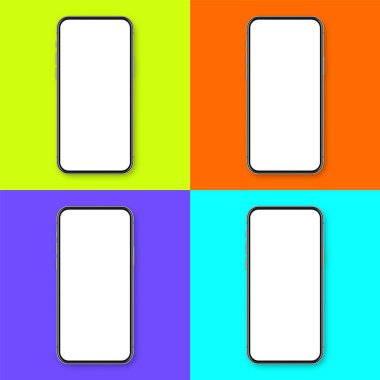 Renkli arka planda boş dokunmatik ekranlı gerçekçi bir akıllı telefon. Ön görüntüde çerçevesiz cep telefonu var. Yüksek kalite detaylı cihaz modeli. Vektör illüstrasyonu.