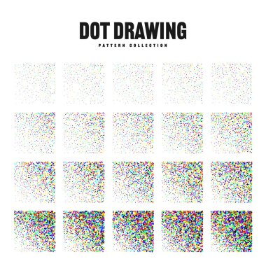 Kare şeklinde noktalı nesneler, klasik noktalı elementler. Noktalama, noktalama çizimi, noktalar kullanarak gölgeleme. Yarı ton etkisi. Renkli gürültü tanecikli doku, desen. Vektör illüstrasyonu