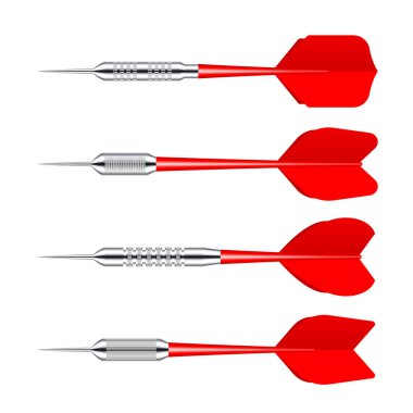 Metal uçlu kırmızı oklar beyaz arka planda izole edilmiş. Dart atmaca, dart aletleri. Vektör illüstrasyonu.