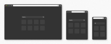 Araç çubuğu ve arama alanı olan boş web tarayıcı penceresi. Modern web sitesi, düz stil internet sayfası. Bilgisayar, tablet ve akıllı telefon için tarayıcı modeli. Uyarlamalı UI, karanlık mod. Vektör illüstrasyonu.