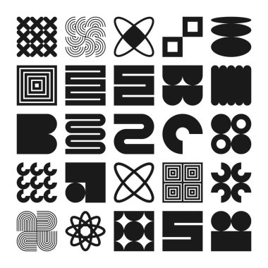 Acımasız geometrik şekiller, semboller. Basit ilkel elementler ve formlar. Bauhaus retro tasarımı, modaya uygun çağdaş minimalist tarzı. Vektör illüstrasyonu.