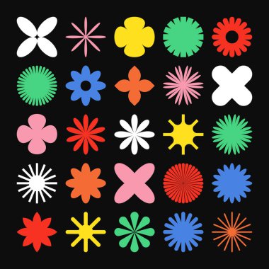 Acımasız geometrik şekiller, renkli semboller. Basit ilkel elementler ve formlar. Bauhaus retro tasarımı, modaya uygun çağdaş minimalist tarzı. Vektör illüstrasyonu.