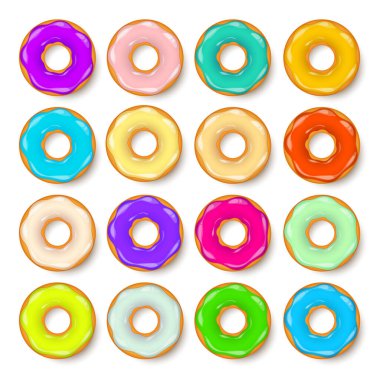 Donut, kremalı begel. Kurabiye, kek seti. Şekerli ve karamelli tatlı. Lezzetli bir kahvaltı. Kafeterya yemeği, atıştırmalık. Kahve dükkanı. Vektör illüstrasyonu.