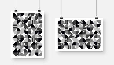 Geometrik desenli bir resim, Bauhaus tarzı. Modern arka plan, basit elementler. Retro doku, temel geometrik şekiller. Yazdırma tasarımı, minimalist poster kapağı. Vektör illüstrasyonu.