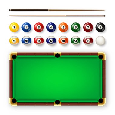 Sayılı bilardo topları, çeşitli ipuçları ve yeşil bilardo masası. Parlak bilardo topu. Spor malzemeleri, eğlence ve hobi, rekabetçi oyun. Vektör illüstrasyonu.