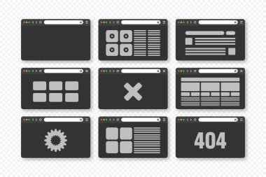 Web tarayıcı penceresi, araç çubuğu ve arama alanı olan sayfa düzeni. Modern web sitesi, düz stil internet sayfası. Bilgisayar, tablet ve akıllı telefon için tarayıcı modeli. Uyarlamalı UI. Vektör illüstrasyonu.