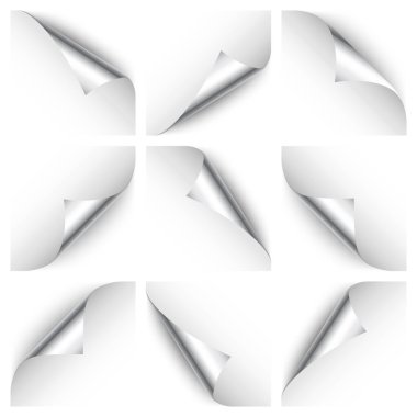 Gümüş kağıt bukleler. Gölgeli kıvrımlı sayfa köşesi. Boş bir kağıt parçası. Renkli parlak folyo. Reklam ve tanıtım için tasarım elemanı. Vektör illüstrasyonu