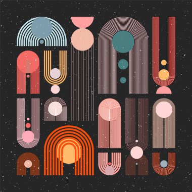 Yüzyılın ortası kemer, daire elementler, grunge dokulu modern geometrik şekiller. Çağdaş tasarım, minimalist sanat. Duvar dekorasyonu, posterler, kitaplar, kapaklar için moda tasarım öğeleri. Vektör illüstrasyonu.