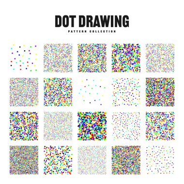 Kare şeklinde noktalı nesneler, klasik noktalı elementler. Noktalama, noktalama çizimi, noktalar kullanarak gölgeleme. Yarı ton etkisi. Renkli gürültü tanecikli doku, desen. Vektör illüstrasyonu
