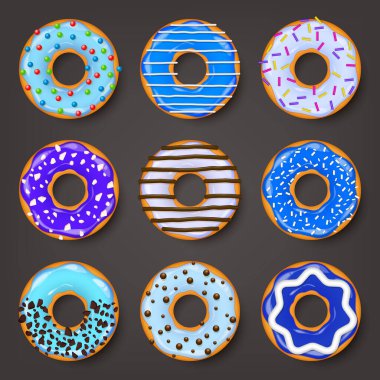 Donut, kremalı begel. Kurabiye, kek seti. Şekerli ve karamelli tatlı. Lezzetli bir kahvaltı. Kafeterya yemeği, atıştırmalık. Kahve dükkanı. Vektör illüstrasyonu.