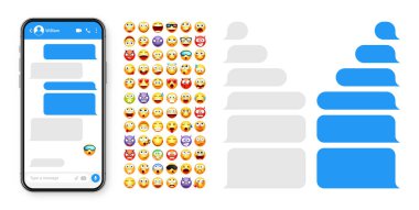 Akıllı telefon mesajlaşma uygulaması, emoji ile kullanıcı arayüzü tasarımı. SMS metin çerçevesi. Mavi mesaj baloncuklu sohbet ekranı. İletişim için mesaj uygulaması. Sosyal medya uygulaması. Vektör illüstrasyonu.