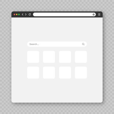 Sekme, araç çubuğu ve arama alanı olan boş web tarayıcı penceresi. Modern web sitesi, düz stil internet sayfası. Bilgisayar, tablet ve akıllı telefon için tarayıcı modeli. Vektör illüstrasyonu.