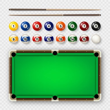 Sayılı bilardo topları, çeşitli ipuçları ve yeşil bilardo masası. Parlak bilardo topu. Spor malzemeleri, eğlence ve hobi, rekabetçi oyun. Vektör illüstrasyonu.