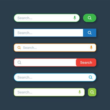Renkli arama çubuğu şablonları. Arama kutusu, adres çubuğu ve metin alanı olan internet tarayıcı motoru. Kullanıcı tasarımı, web arayüzü ögesi web simgeleri ve düğmeye basın. Vektör illüstrasyonu.