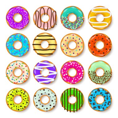 Donut, kremalı begel. Kurabiye, kek seti. Şekerli ve karamelli tatlı. Lezzetli bir kahvaltı. Kafeterya yemeği, atıştırmalık. Kahve dükkanı. Vektör illüstrasyonu.