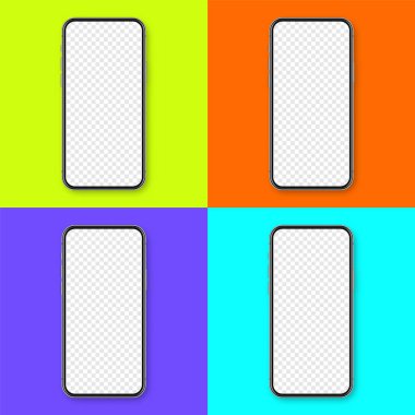 Renkli arka planda boş dokunmatik ekranlı gerçekçi bir akıllı telefon. Ön görüntüde çerçevesiz cep telefonu var. Yüksek kalite detaylı cihaz modeli. Vektör illüstrasyonu.