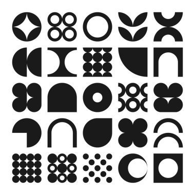 Acımasız geometrik şekiller, semboller. Basit ilkel elementler ve formlar. Bauhaus retro tasarımı, modaya uygun çağdaş minimalist tarzı. Vektör illüstrasyonu.