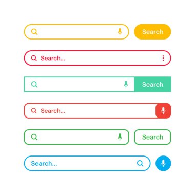Renkli arama çubuğu şablonları. Arama kutusu, adres çubuğu ve metin alanı olan internet tarayıcı motoru. Kullanıcı tasarımı, web arayüzü ögesi web simgeleri ve düğmeye basın. Vektör illüstrasyonu.