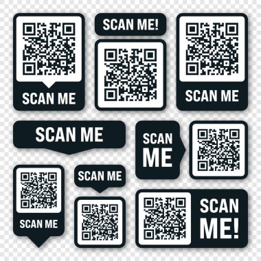 QR kod etiketini tara. Çevrimiçi ödeme. Özel indirim etiketleri, indirim etiketleri ya da promosyon rozeti. Seri numarası, ürün kimliği. Süpermarket perakende etiketi, fiyat etiketi. Vektör illüstrasyonu.