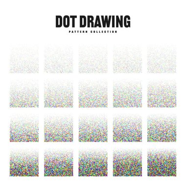 Kare şeklinde noktalı nesneler, klasik noktalı elementler. Noktalama, noktalama çizimi, noktalar kullanarak gölgeleme. Yarı ton etkisi. Renkli gürültü tanecikli doku, desen. Vektör illüstrasyonu