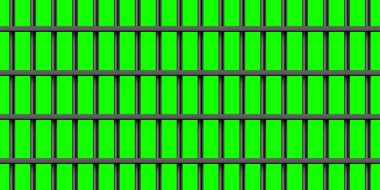 Yeşil krom anahtar arka planında siyah metal parmaklıklar. Detaylı hapishane kafesi, demir parmaklıklar. Sabıka kaydı. Vektör illüstrasyonu.