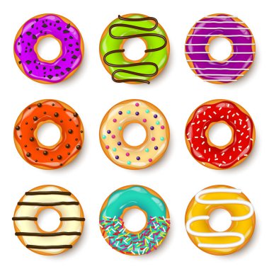 Donut, kremalı begel. Kurabiye, kek seti. Şekerli ve karamelli tatlı. Lezzetli bir kahvaltı. Kafeterya yemeği, atıştırmalık. Kahve dükkanı. Vektör illüstrasyonu.