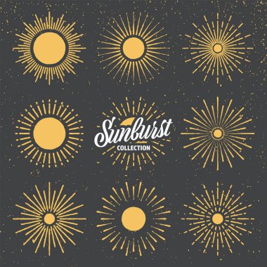 Klasik grunge güneş patlaması, günbatımı ışınları. El çizimi güneş patlaması, ışık ışınları. Logotype ya da dizayn ögesi retro tarzında. Vektör illüstrasyonu.