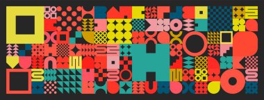 Basit şekilli geometrik doku, semboller. Renkli ilkel elementler ve formlar. Bauhaus retro tasarımı, modaya uygun çağdaş minimalist tarzı. Vektör illüstrasyonu.