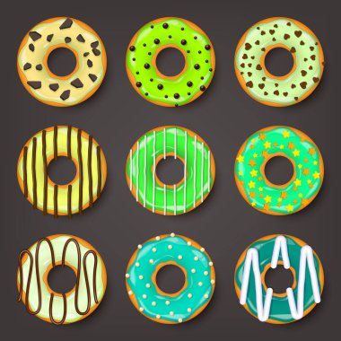 Donut, kremalı begel. Kurabiye, kek seti. Şekerli ve karamelli tatlı. Lezzetli bir kahvaltı. Kafeterya yemeği, atıştırmalık. Kahve dükkanı. Vektör illüstrasyonu.