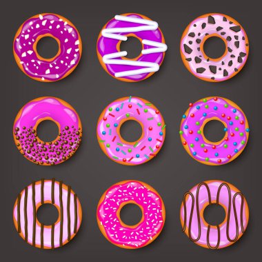 Donut, kremalı begel. Kurabiye, kek seti. Şekerli ve karamelli tatlı. Lezzetli bir kahvaltı. Kafeterya yemeği, atıştırmalık. Kahve dükkanı. Vektör illüstrasyonu.