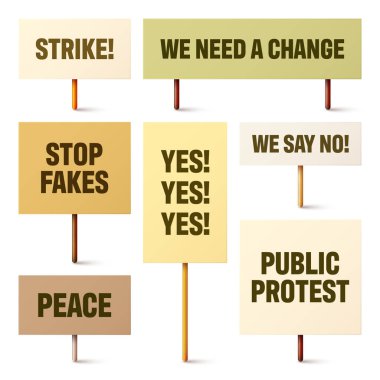 Ahşap tutacağında slogan olan renkli protesto tabelaları. Gerçekçi vektör gösterim pankartı. Eylem karton pano modellemesini sil.