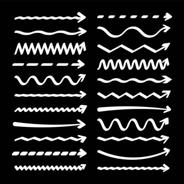 El çizilmiş oklar, fosforlu çizgiler. İşaret vuruşu, fırça darbesi, altı çizili kalem. El yazısı metin işaretleri, notlar, notlar. Vektör illüstrasyonu.