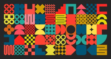 Basit şekilli geometrik doku, semboller. Renkli ilkel elementler ve formlar. Bauhaus retro tasarımı, modaya uygun çağdaş minimalist tarzı. Vektör illüstrasyonu.