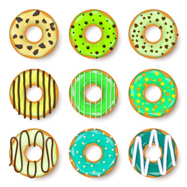 Donut, kremalı begel. Kurabiye, kek seti. Şekerli ve karamelli tatlı. Lezzetli bir kahvaltı. Kafeterya yemeği, atıştırmalık. Kahve dükkanı. Vektör illüstrasyonu.