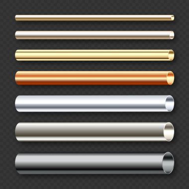 Çelik ve bakır boru koleksiyonu. İnşaat malzemeleri, boru hattı. Endüstri ve mühendislik. Gümüş gradyan ile cilalanmış metal dokusu. Vektör illüstrasyonu.