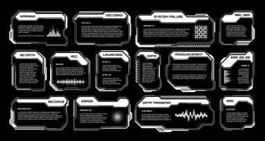 Beyaz fütüristik İYİ, UI elementleri. Bilim kurgu kullanıcı arayüzü mesaj kutuları, çağrılar. Uyarı ileti çerçeveleri, bilgi kutuları şablonu. Modern oyun arayüzü düzeni dijital stilde. Vektör illüstrasyonu.