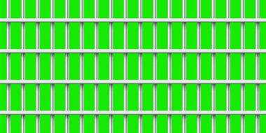 Yeşil krom anahtarla izole edilmiş parlak metal parmaklıklar. Detaylı hapishane kafesi, demir parmaklıklar. Sabıka kaydı. Vektör illüstrasyonu.