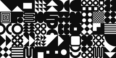 Basit şekilleri, sembolleri olan vahşi geometrik doku. İlkel elementler ve formlar. Bauhaus retro tasarımı, modern minimalist stil, y2k. Vektör illüstrasyonu.