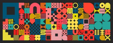 Basit şekilli geometrik doku, semboller. Renkli ilkel elementler ve formlar. Bauhaus retro tasarımı, modaya uygun çağdaş minimalist tarzı. Vektör illüstrasyonu.