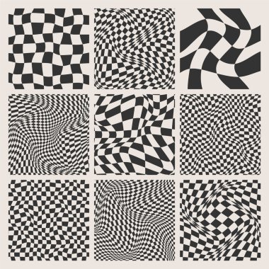 Moda damalı desen, siyah ve beyaz deforme olmuş döşeme. Dalgalı kıvrımlı arka plan, bozulma etkisi. Garip geometrik satranç tahtası dokusu, 90 'ların tarzında retro arka plan, y2k. Vektör illüstrasyonu.