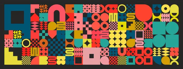 Basit şekilli geometrik doku, semboller. Renkli ilkel elementler ve formlar. Bauhaus retro tasarımı, modaya uygun çağdaş minimalist tarzı. Vektör illüstrasyonu.