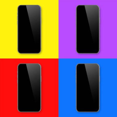 Renkli arka planda boş dokunmatik ekranlı gerçekçi bir akıllı telefon. Ön görüntüde çerçevesiz cep telefonu var. Yüksek kalite detaylı cihaz modeli. Vektör illüstrasyonu.