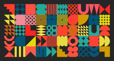 Basit şekilli geometrik doku, semboller. Renkli ilkel elementler ve formlar. Bauhaus retro tasarımı, modaya uygun çağdaş minimalist tarzı. Vektör illüstrasyonu.