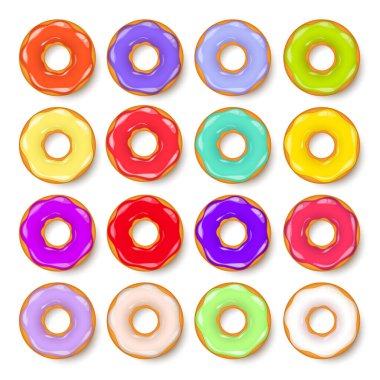 Donut, kremalı begel. Kurabiye, kek seti. Şekerli ve karamelli tatlı. Lezzetli bir kahvaltı. Kafeterya yemeği, atıştırmalık. Kahve dükkanı. Vektör illüstrasyonu.