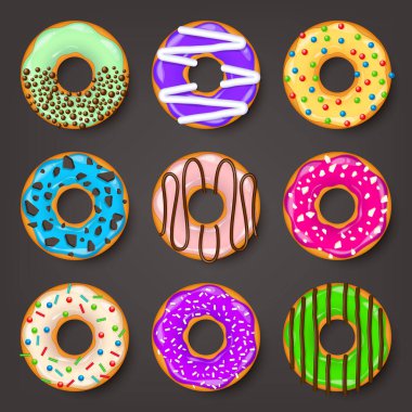 Donut, kremalı begel. Kurabiye, kek seti. Şekerli ve karamelli tatlı. Lezzetli bir kahvaltı. Kafeterya yemeği, atıştırmalık. Kahve dükkanı. Vektör illüstrasyonu.