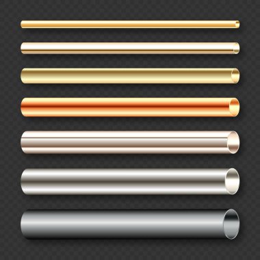Çelik ve bakır boru koleksiyonu. İnşaat malzemeleri, boru hattı. Endüstri ve mühendislik. Gümüş gradyan ile cilalanmış metal dokusu. Vektör illüstrasyonu.