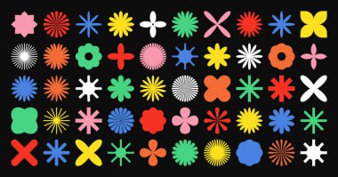 Acımasız geometrik şekiller, renkli semboller. Basit ilkel elementler ve formlar. Bauhaus retro tasarımı, modaya uygun çağdaş minimalist tarzı. Vektör illüstrasyonu.